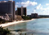 Hotel row on Tumon Bay is ever growing. In the early years, the beach was pristine with coconut groves and quiet sandy areas. Today, it is the center of the tourist business.